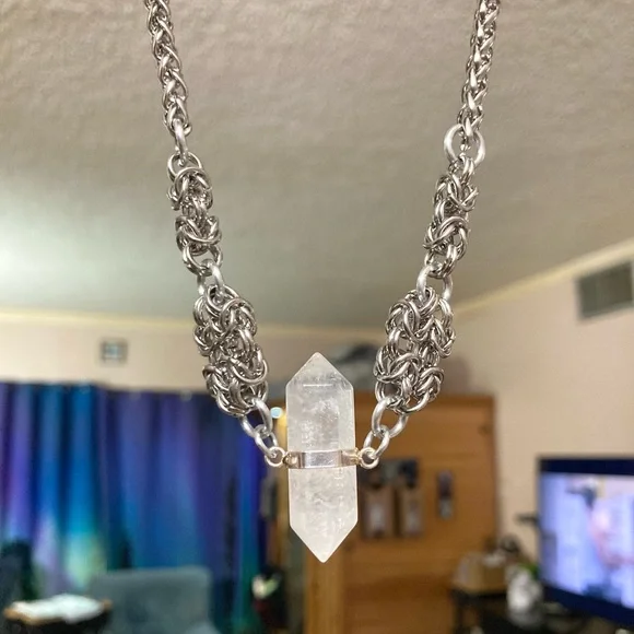 Genuine Double point clear crystal quartz maille silver boho choker necklace . - Picture 5 of 11